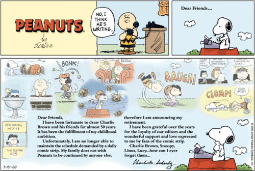Final Peanuts Sunday strip, issued February 13, 2000, one day after the death of creator Charles M. Schulz.