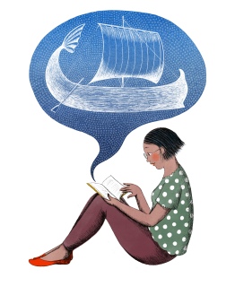 woman reading book while sitting, boat in word bubble above her head