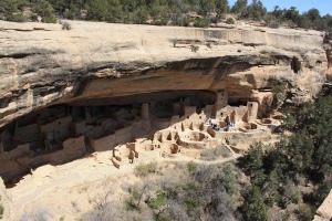 Arial view of Native American ruins carved into canyon wall at Mesa Verde Colorado