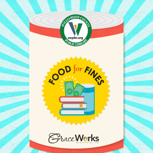 food can graphic with a food for fines seal with books, cash, and cans, plus the library logo on the lid and Graceworks logo at the bottom.