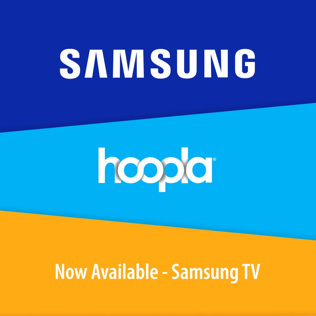 Three slanted blocks, one with SAMSUNG, another with hoopla, and the third with Now Available - Samsung TV text inside.