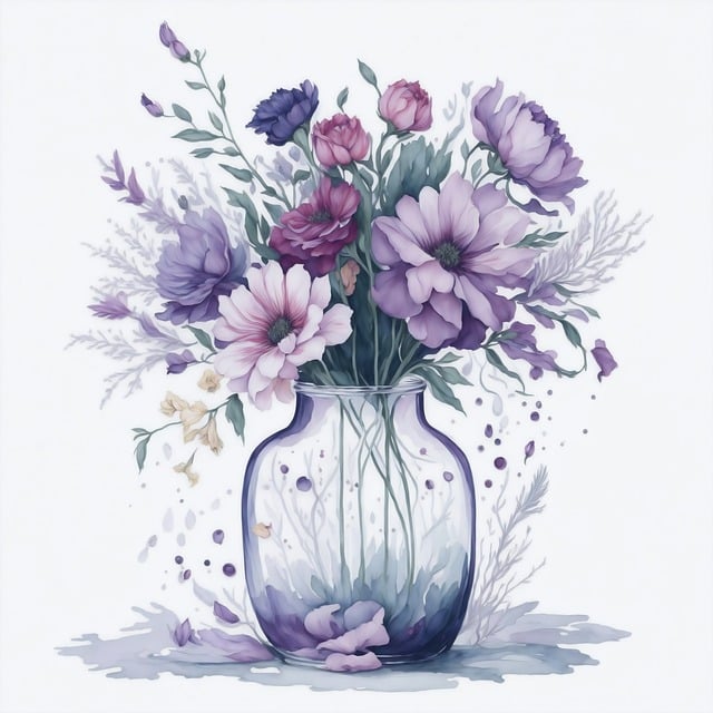 Vase of flowers in varying shades of purple with some wilting, petals falling.